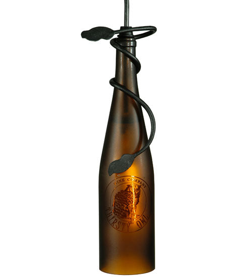 Meyda Lighting Personalized 5" Textured Black Thirsty Owl Mini Pendant Light With Amber Wine Bottle Shade Glass
