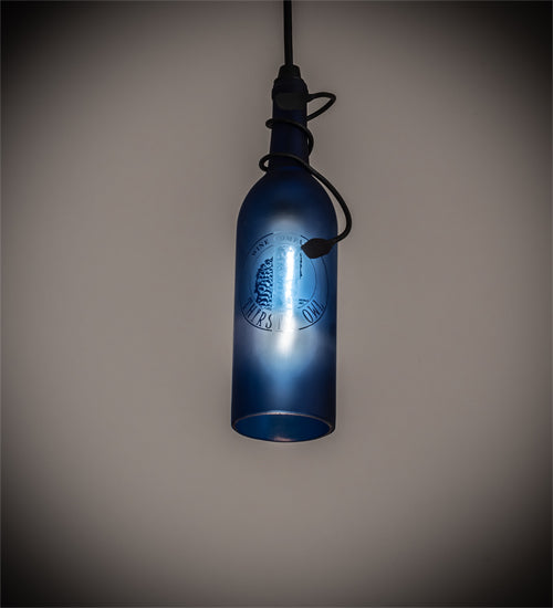Meyda Lighting Personalized 5" Textured Black Thirsty Owl Mini Pendant Light With Blue Wine Bottle Shade Glass