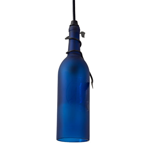 Meyda Lighting Personalized 5" Textured Black Thirsty Owl Mini Pendant Light With Blue Wine Bottle Shade Glass