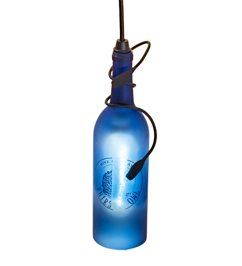 Meyda Lighting Personalized 5" Textured Black Thirsty Owl Mini Pendant Light With Blue Wine Bottle Shade Glass