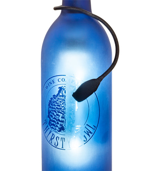 Meyda Lighting Personalized 5" Textured Black Thirsty Owl Mini Pendant Light With Blue Wine Bottle Shade Glass