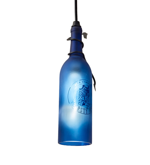 Meyda Lighting Personalized 5" Textured Black Thirsty Owl Mini Pendant Light With Blue Wine Bottle Shade Glass