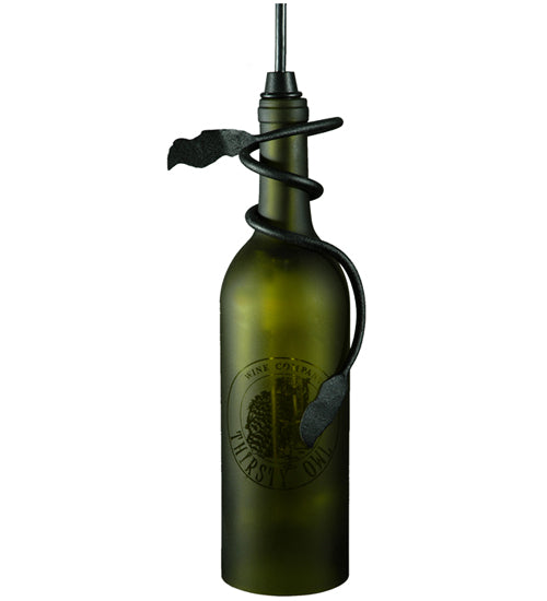 Meyda Lighting Personalized 5" Textured Black Thirsty Owl Mini Pendant Light With Green Wine Bottle Shade Glass