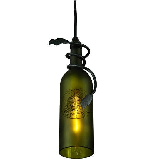 Meyda Lighting Personalized 5" Textured Black Thirsty Owl Mini Pendant Light With Green Wine Bottle Shade Glass