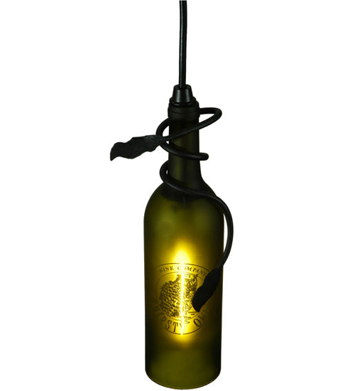 Meyda Lighting Personalized 5" Textured Black Thirsty Owl Mini Pendant Light With Green Wine Bottle Shade Glass