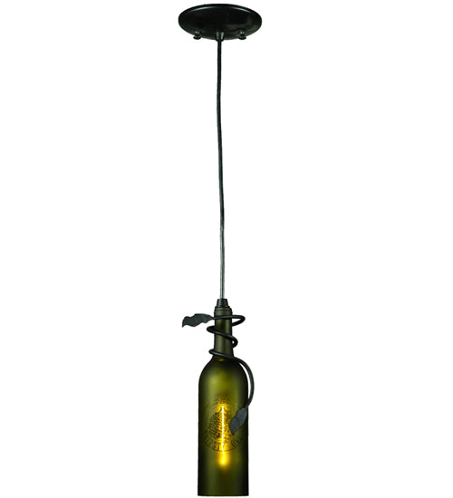 Meyda Lighting Personalized 5" Textured Black Thirsty Owl Mini Pendant Light With Green Wine Bottle Shade Glass