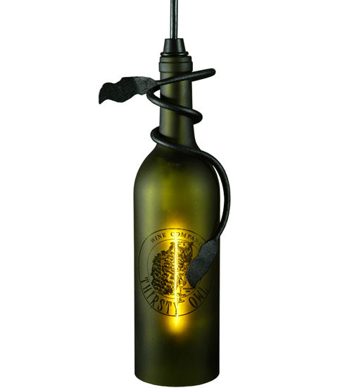 Meyda Lighting Personalized 5" Textured Black Thirsty Owl Mini Pendant Light With Green Wine Bottle Shade Glass