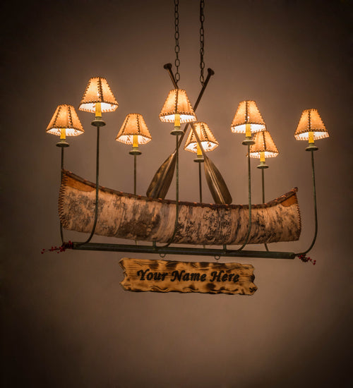 Meyda Lighting Personalized 51" 8-Light Antique Copper & Tarnished Copper Canoe Chandelier With Beige Textrene Shade