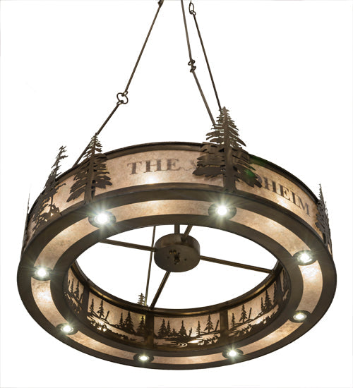 Meyda Lighting Personalized 52" 24-Light Antique Copper Waldheim Inverted Pendant Light With Silver Mica Shade Glass