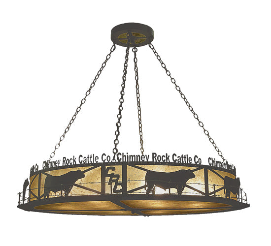 Meyda Lighting Personalized 60" 12-Light Wrought Iron Chimney Rock Inverted Pendant Light With Silver Mica Shade Glass