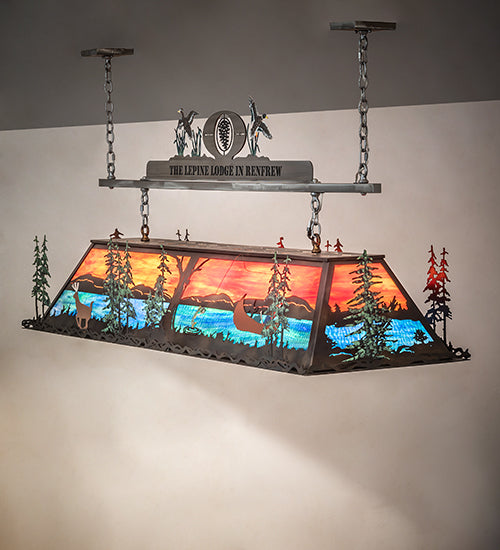 Meyda Lighting Personalized 72" 9-Light Dark Burnished Antique Copper & Raw Steel Lepine Lodge in Renfrew Island Pendant Light With Orange & Blue-Green Art Shade Glass