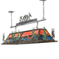 Meyda Lighting Personalized 72" 9-Light Dark Burnished Antique Copper & Raw Steel Lepine Lodge in Renfrew Island Pendant Light With Orange & Blue-Green Art Shade Glass