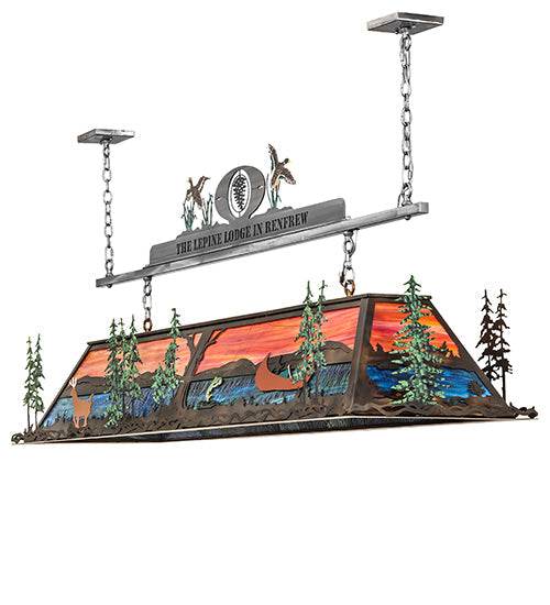 Meyda Lighting Personalized 72" 9-Light Dark Burnished Antique Copper & Raw Steel Lepine Lodge in Renfrew Island Pendant Light With Orange & Blue-Green Art Shade Glass