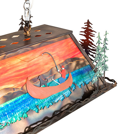 Meyda Lighting Personalized 72" 9-Light Dark Burnished Antique Copper & Raw Steel Lepine Lodge in Renfrew Island Pendant Light With Orange & Blue-Green Art Shade Glass