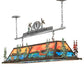 Meyda Lighting Personalized 72" 9-Light Dark Burnished Antique Copper & Raw Steel Lepine Lodge in Renfrew Island Pendant Light With Orange & Blue-Green Art Shade Glass