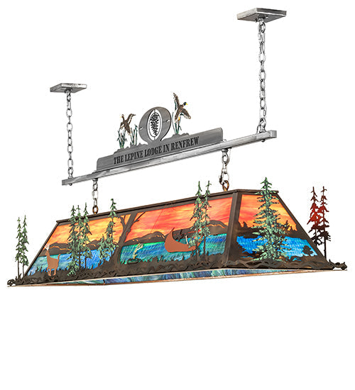 Meyda Lighting Personalized 72" 9-Light Dark Burnished Antique Copper & Raw Steel Lepine Lodge in Renfrew Island Pendant Light With Orange & Blue-Green Art Shade Glass