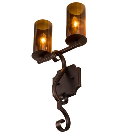 Meyda Lighting Piero 10" 2-Light Mahogany Bronze Wall Sconce With Amber Shade Glass
