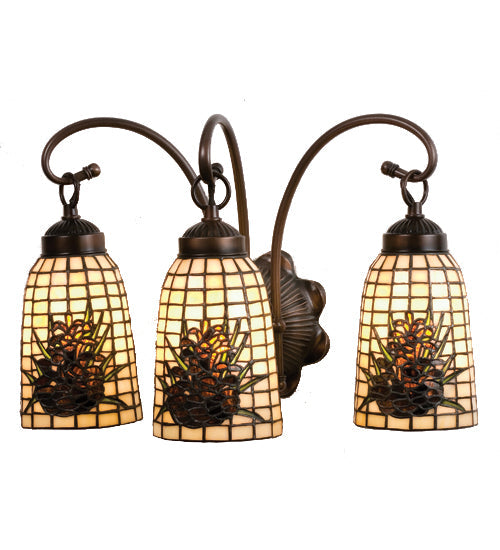 Meyda Lighting Pine Barons 18" 3-Light Mahogany Bronze Vanity Light With Multi-Colored Shade Glass