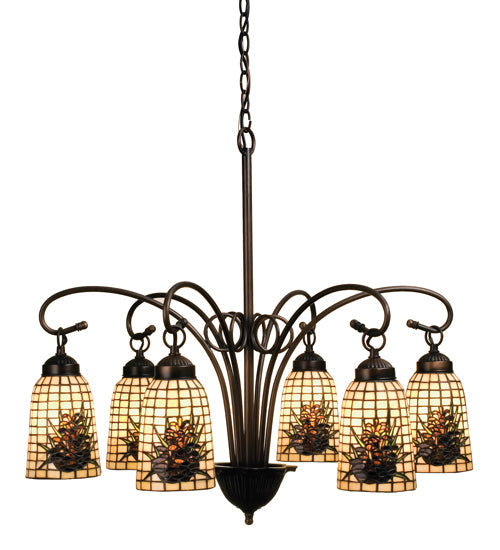 Meyda Lighting Pine Barons 28" 6-Light Mahogany Bronze Chandelier Light With Brown & Beige Shade Glass