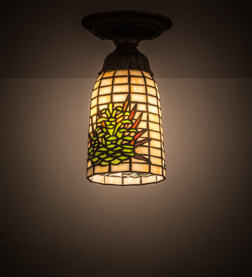 Meyda Lighting Pine Barons 5" Mahogany Bronze Flush Mount Light With Green & Beige Shade Glass