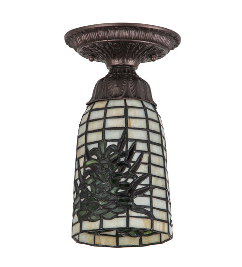Meyda Lighting Pine Barons 5" Mahogany Bronze Flush Mount Light With Green & Beige Shade Glass