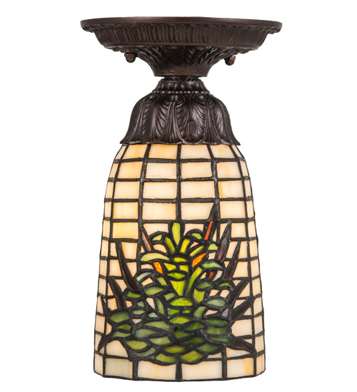 Meyda Lighting Pine Barons 5" Mahogany Bronze Flush Mount Light With Green & Beige Shade Glass