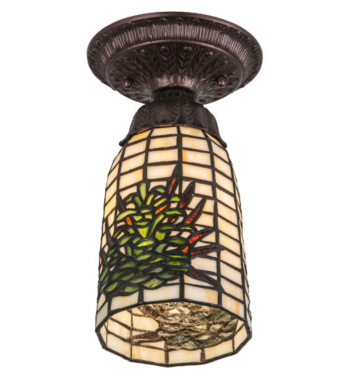 Meyda Lighting Pine Barons 5" Mahogany Bronze Flush Mount Light With Green & Beige Shade Glass