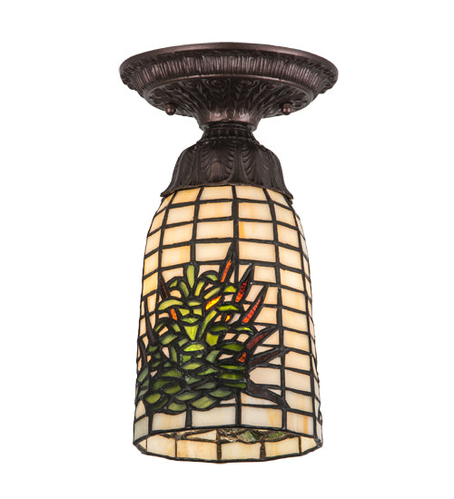 Meyda Lighting Pine Barons 5" Mahogany Bronze Flush Mount Light With Green & Beige Shade Glass