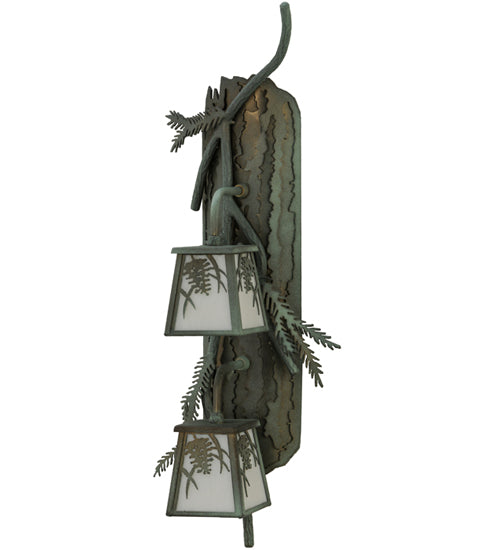 Meyda Lighting Pine Branch 10" 2-Light Antique Copper and Verdigris Winter Pine Wall Sconce With White Art Shade Glass