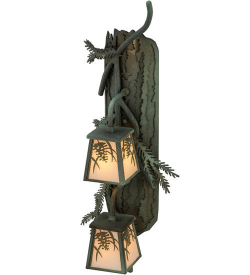 Meyda Lighting Pine Branch 10" 2-Light Antique Copper and Verdigris Winter Pine Wall Sconce With White Art Shade Glass
