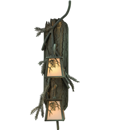 Meyda Lighting Pine Branch 10" 2-Light Antique Copper and Verdigris Winter Pine Wall Sconce With White Art Shade Glass