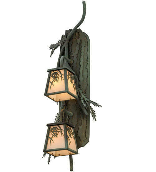 Meyda Lighting Pine Branch 10" 2-Light Antique Copper and Verdigris Winter Pine Wall Sconce With White Art Shade Glass