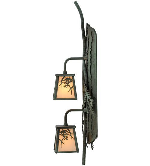 Meyda Lighting Pine Branch 10" 2-Light Antique Copper and Verdigris Winter Pine Wall Sconce With White Art Shade Glass