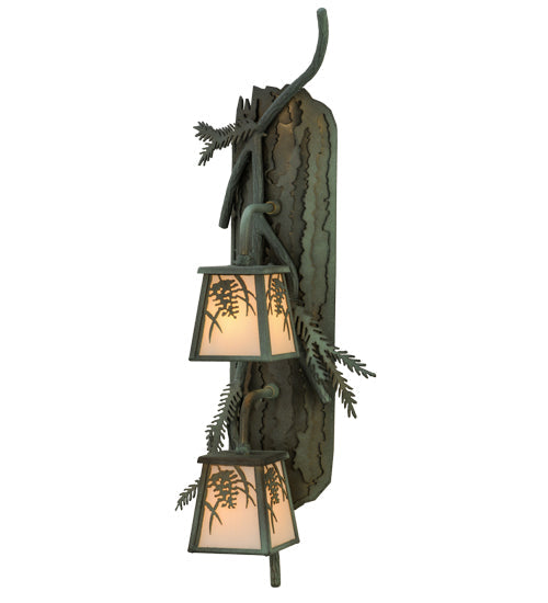 Meyda Lighting Pine Branch 10" 2-Light Antique Copper and Verdigris Winter Pine Wall Sconce With White Art Shade Glass