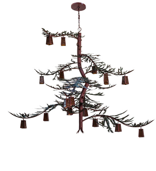 Meyda Lighting Pine Branch 101" 18-Light Rust & Green Trees Valley View Chandelier With Amber Mica Shade Glass