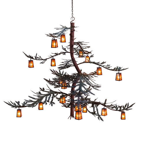 Meyda Lighting Pine Branch 101" 18-Light Rust & Green Trees Valley View Chandelier With Amber Mica Shade Glass