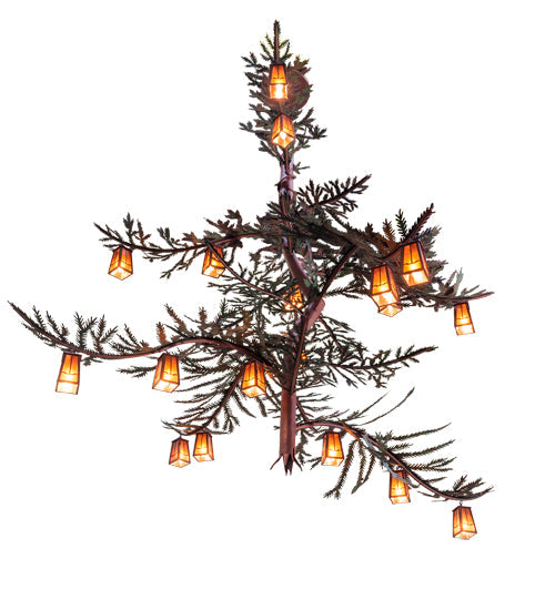 Meyda Lighting Pine Branch 101" 18-Light Rust & Green Trees Valley View Chandelier With Amber Mica Shade Glass