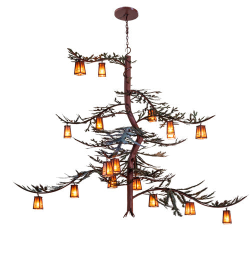 Meyda Lighting Pine Branch 101" 18-Light Rust & Green Trees Valley View Chandelier With Amber Mica Shade Glass