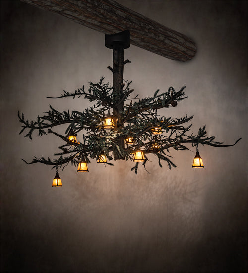Meyda Lighting Pine Branch 110" 10-Light Wrought Iron & Green Branches Chandelier With Amber Mica Shade Glass