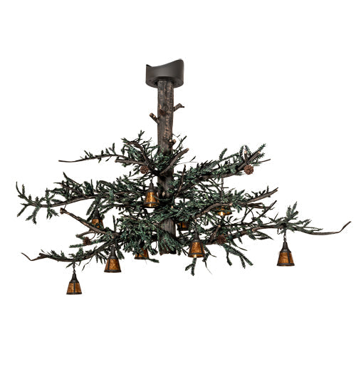 Meyda Lighting Pine Branch 110" 10-Light Wrought Iron & Green Branches Chandelier With Amber Mica Shade Glass