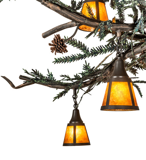 Meyda Lighting Pine Branch 110" 10-Light Wrought Iron & Green Branches Chandelier With Amber Mica Shade Glass