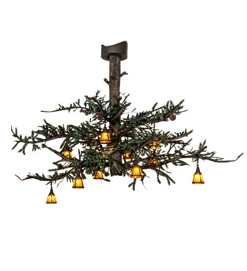 Meyda Lighting Pine Branch 110" 10-Light Wrought Iron & Green Branches Chandelier With Amber Mica Shade Glass