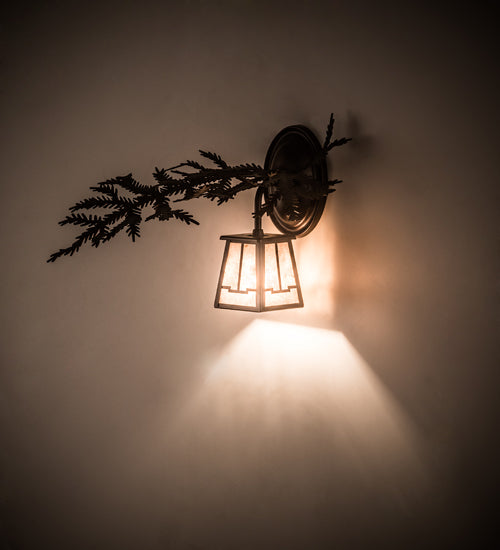 Meyda Lighting Pine Branch 14" Mahogany Bronze Valley View Left Wall Sconce With Silver Mica Shade Glass