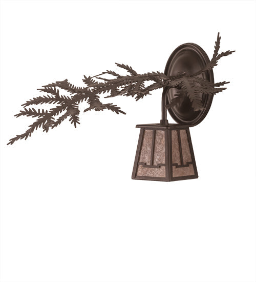 Meyda Lighting Pine Branch 14" Mahogany Bronze Valley View Left Wall Sconce With Silver Mica Shade Glass