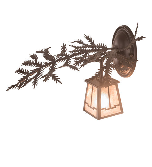 Meyda Lighting Pine Branch 14" Mahogany Bronze Valley View Left Wall Sconce With Silver Mica Shade Glass