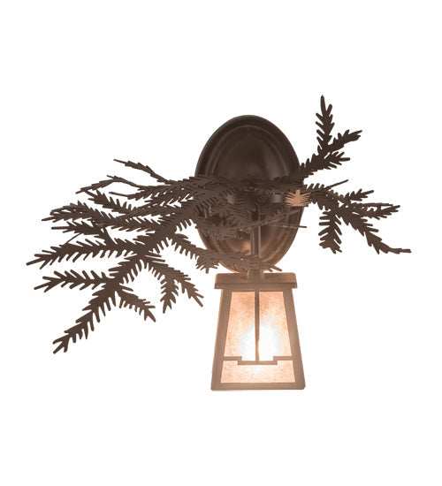 Meyda Lighting Pine Branch 14" Mahogany Bronze Valley View Left Wall Sconce With Silver Mica Shade Glass
