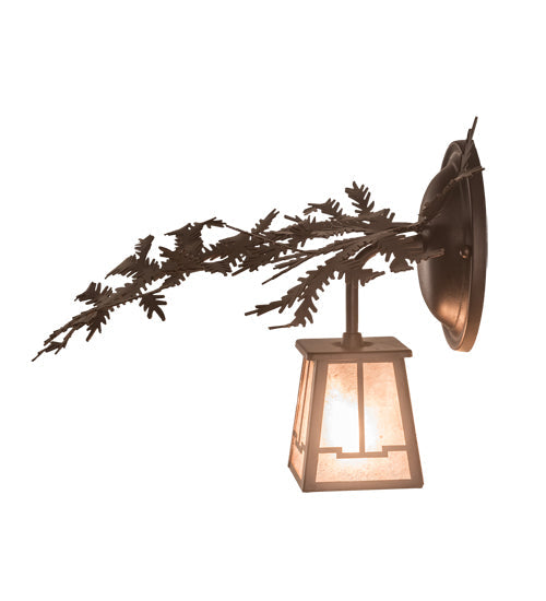 Meyda Lighting Pine Branch 14" Mahogany Bronze Valley View Left Wall Sconce With Silver Mica Shade Glass