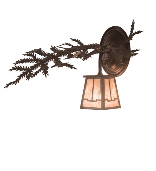 Meyda Lighting Pine Branch 14" Mahogany Bronze Valley View Left Wall Sconce With Silver Mica Shade Glass
