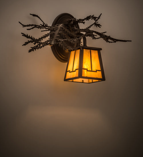 Meyda Lighting Pine Branch 15" Cafe Noir Valley View Left Wall Sconce With Beige Iridescent Shade Glass