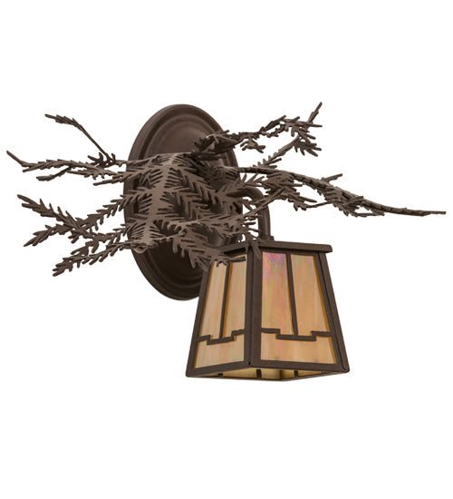 Meyda Lighting Pine Branch 15" Cafe Noir Valley View Left Wall Sconce With Beige Iridescent Shade Glass